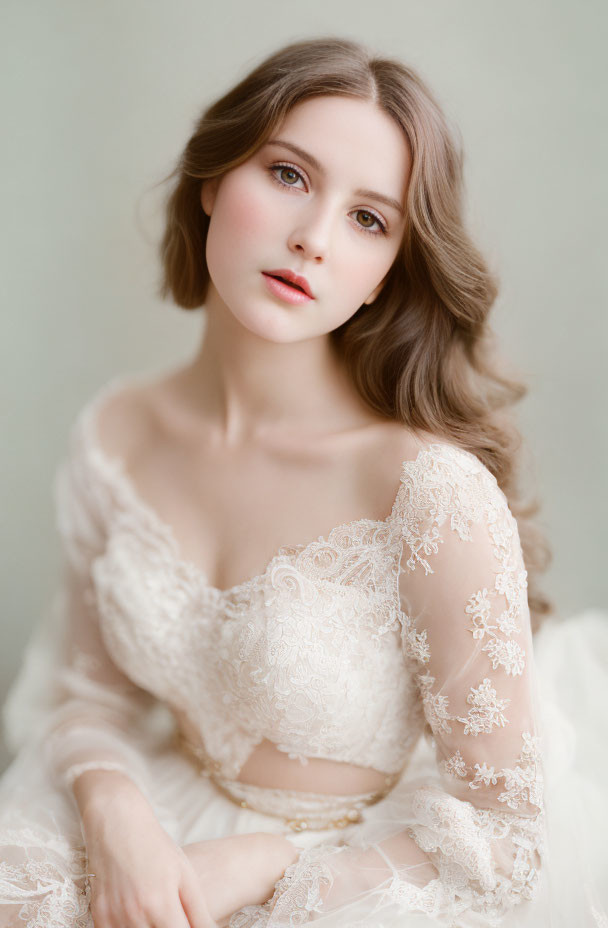 Elegant woman in off-the-shoulder lace gown with wavy hair