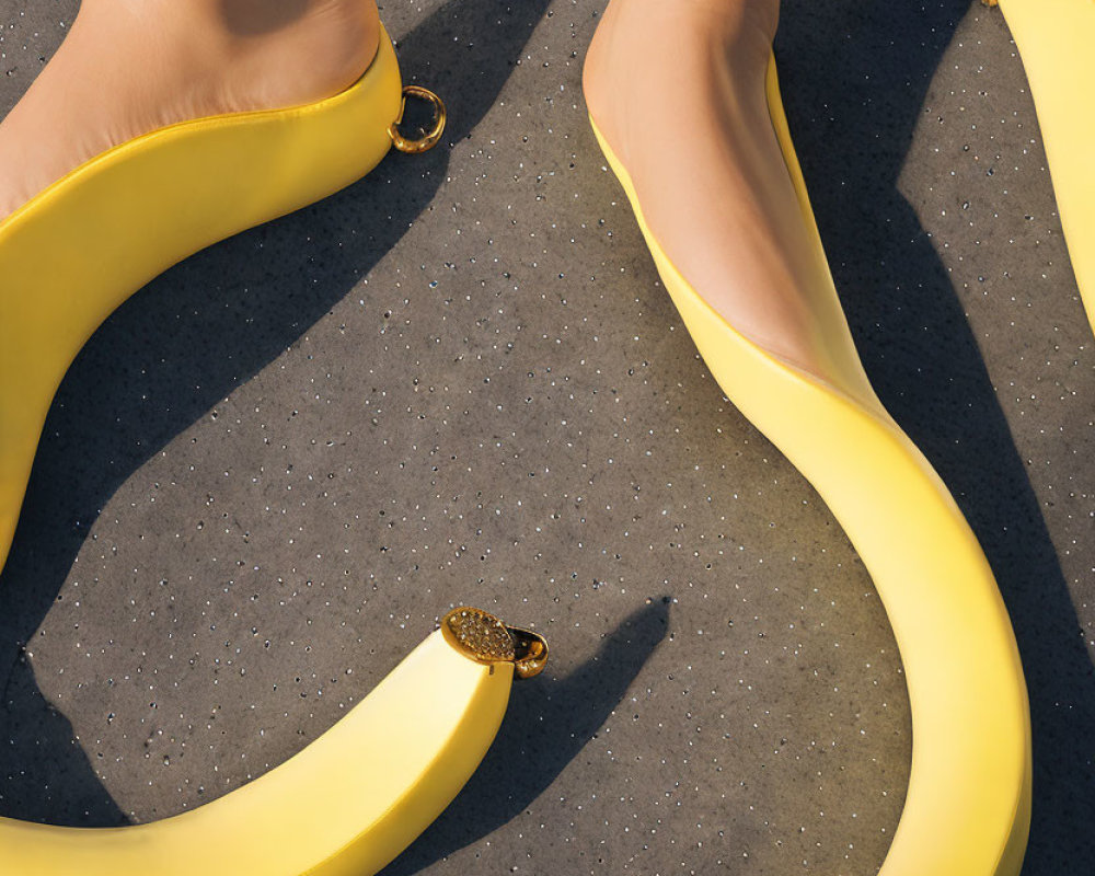 Feet in Banana-Shaped Shoes on Grey Surface with Banana Heels