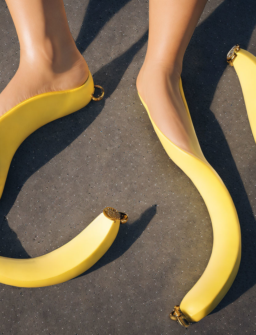 Feet in Banana-Shaped Shoes on Grey Surface with Banana Heels