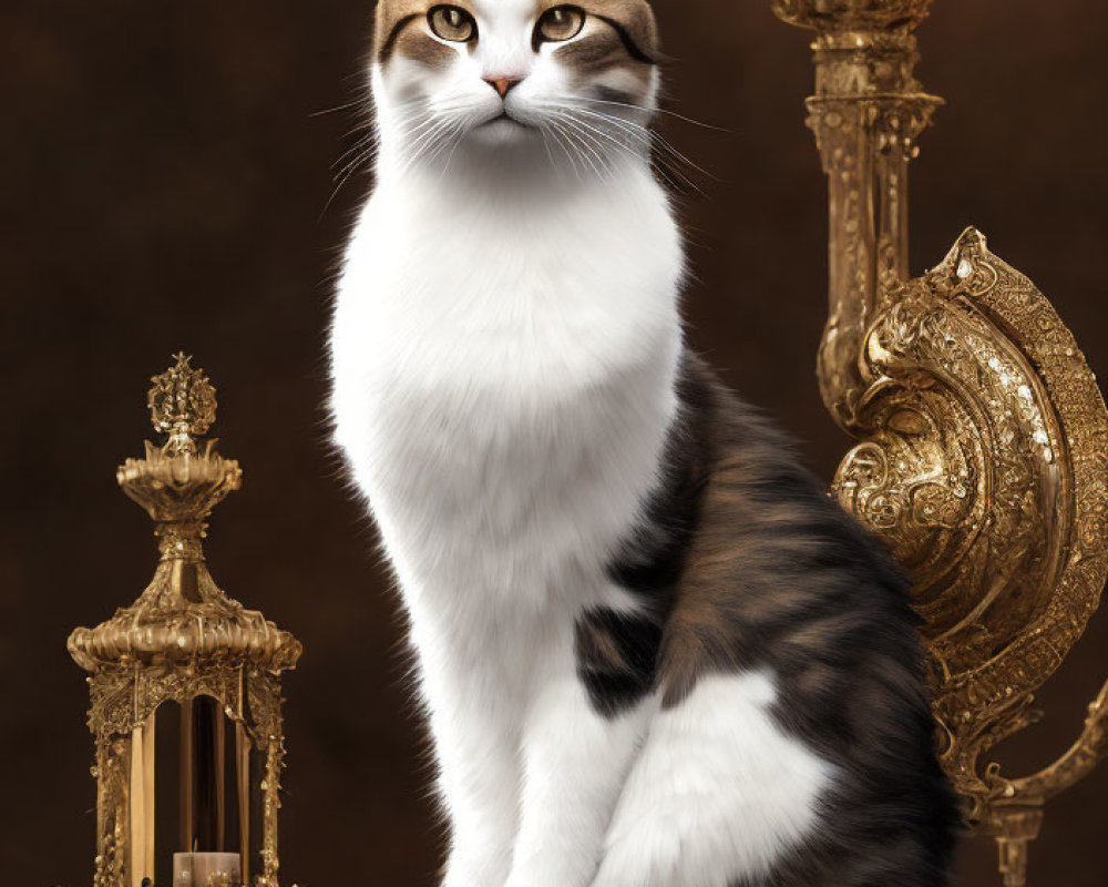 Regal domestic cat with white and tabby coat among golden decorations