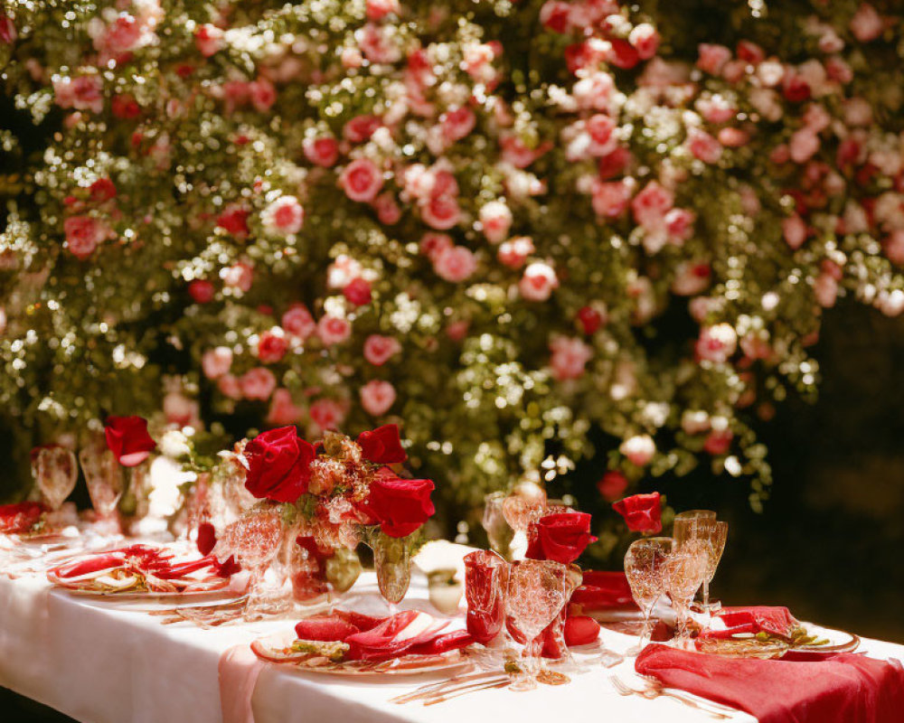 Elegant Table Setting with Red Accents and Crystal Glasses