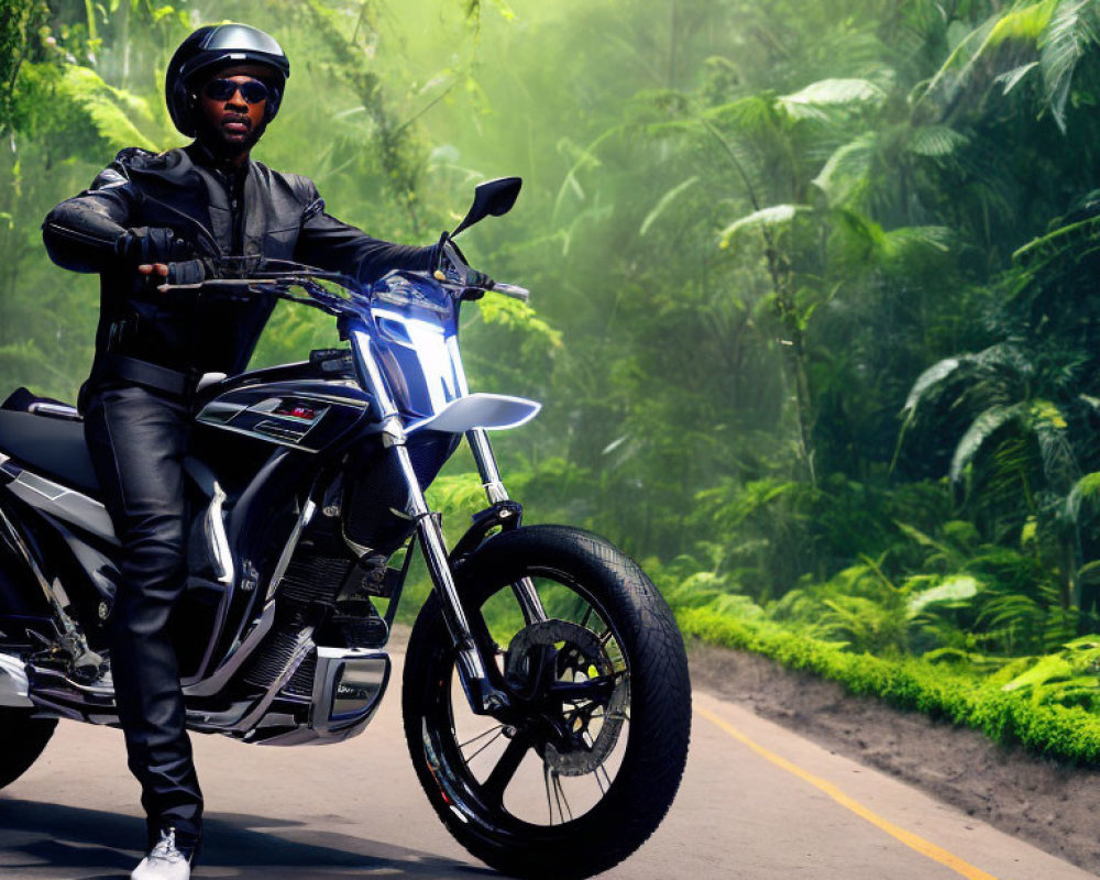 Person in Black Leather Outfit with Modern Motorcycle on Misty Forest Road