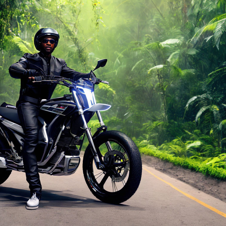 Person in Black Leather Outfit with Modern Motorcycle on Misty Forest Road