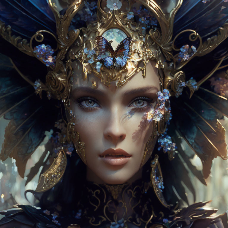 Portrait of Woman with Striking Blue Eyes and Golden Headdress
