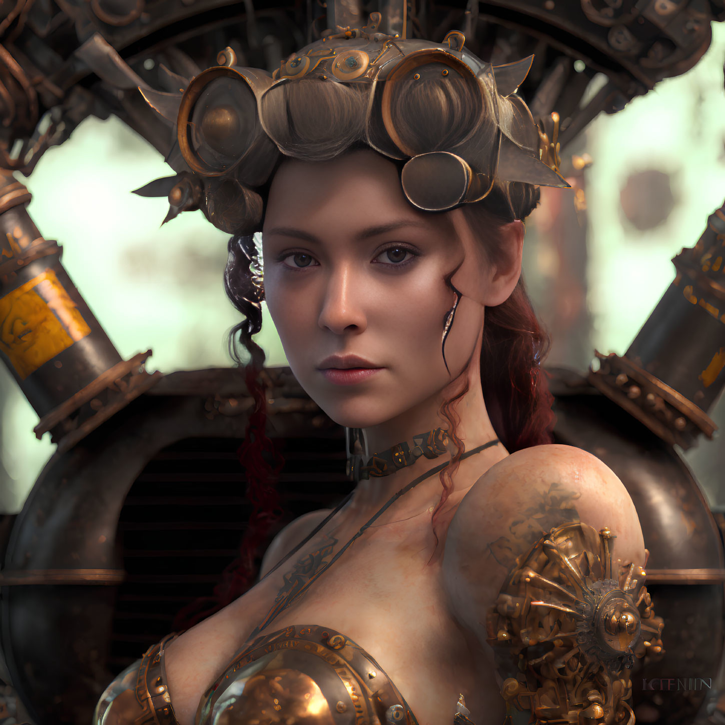Detailed steampunk woman with mechanical arm and ornate headgear in industrial setting