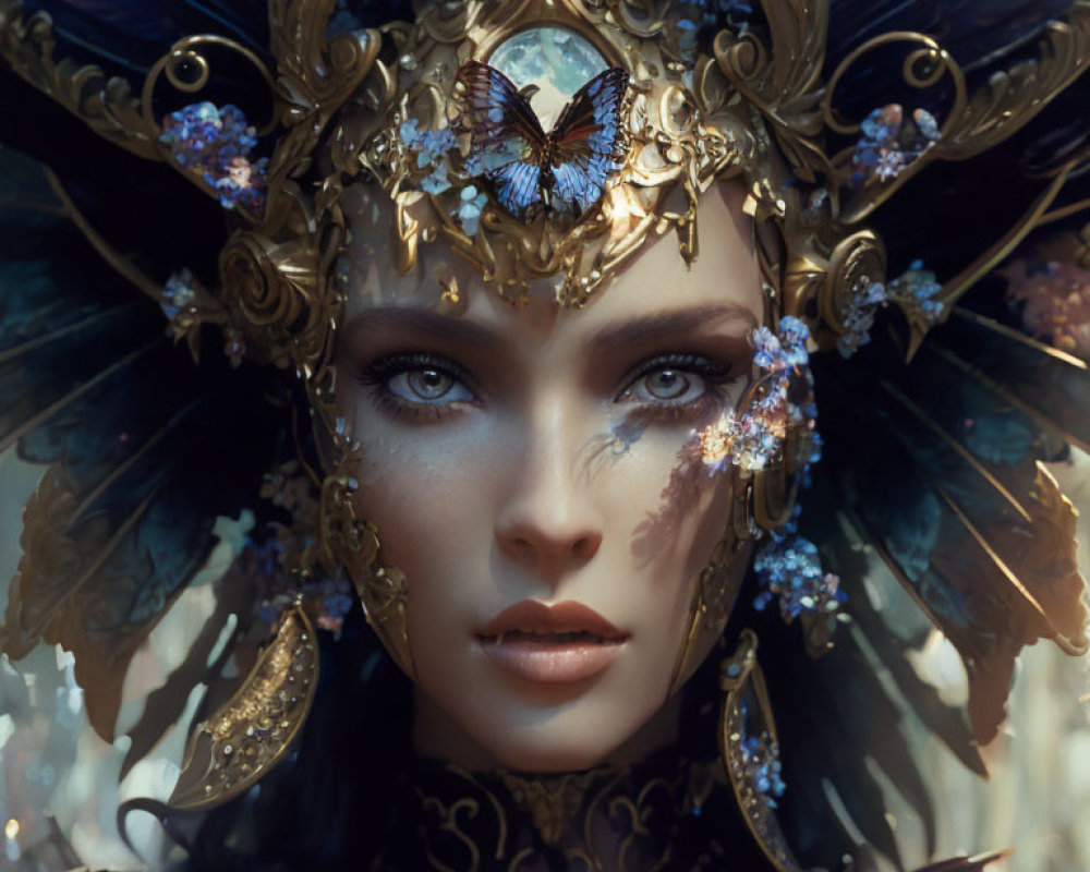Portrait of Woman with Striking Blue Eyes and Golden Headdress