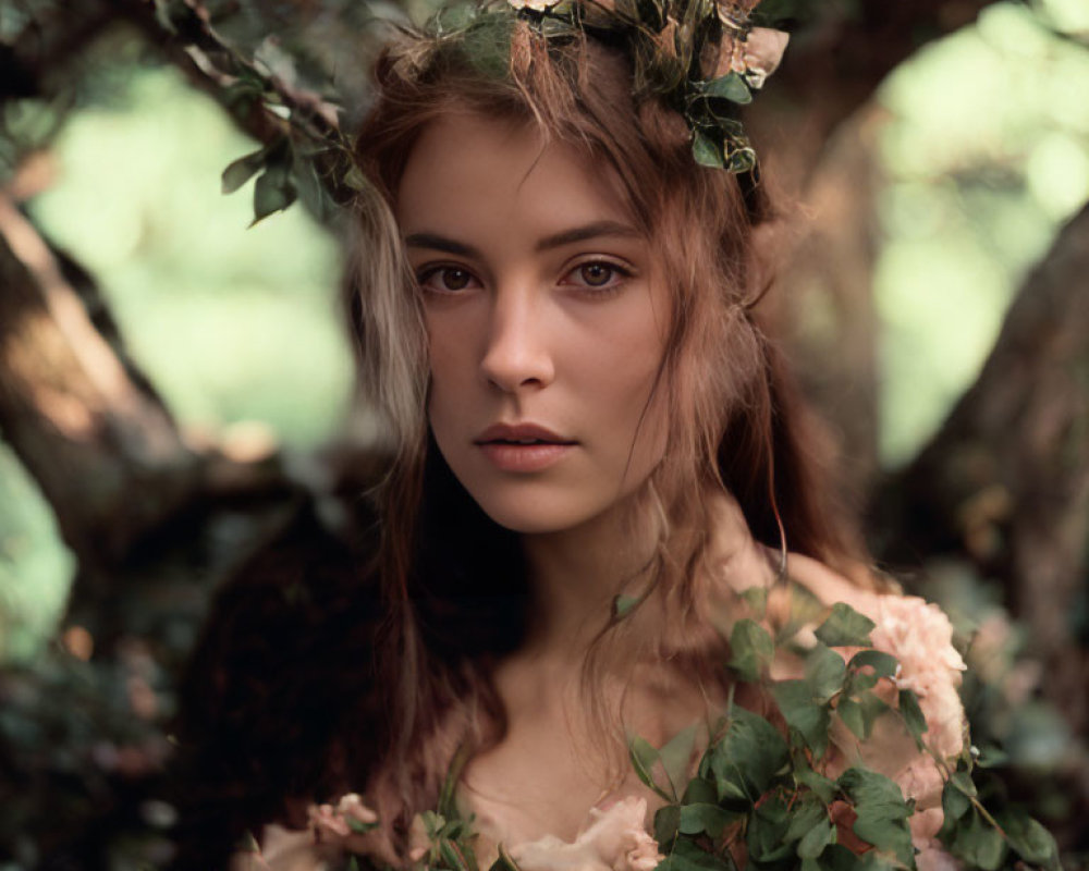Woman with floral crown gazes through natural archway in woodland setting.