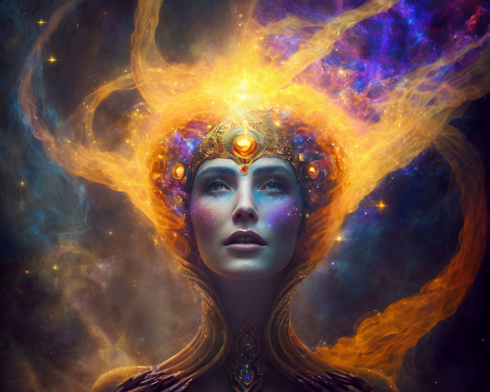 Cosmic-themed makeup on mystical woman with fiery aura and gem-studded crown