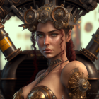 Detailed steampunk woman with mechanical arm and ornate headgear in industrial setting