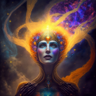 Cosmic-themed makeup on mystical woman with fiery aura and gem-studded crown