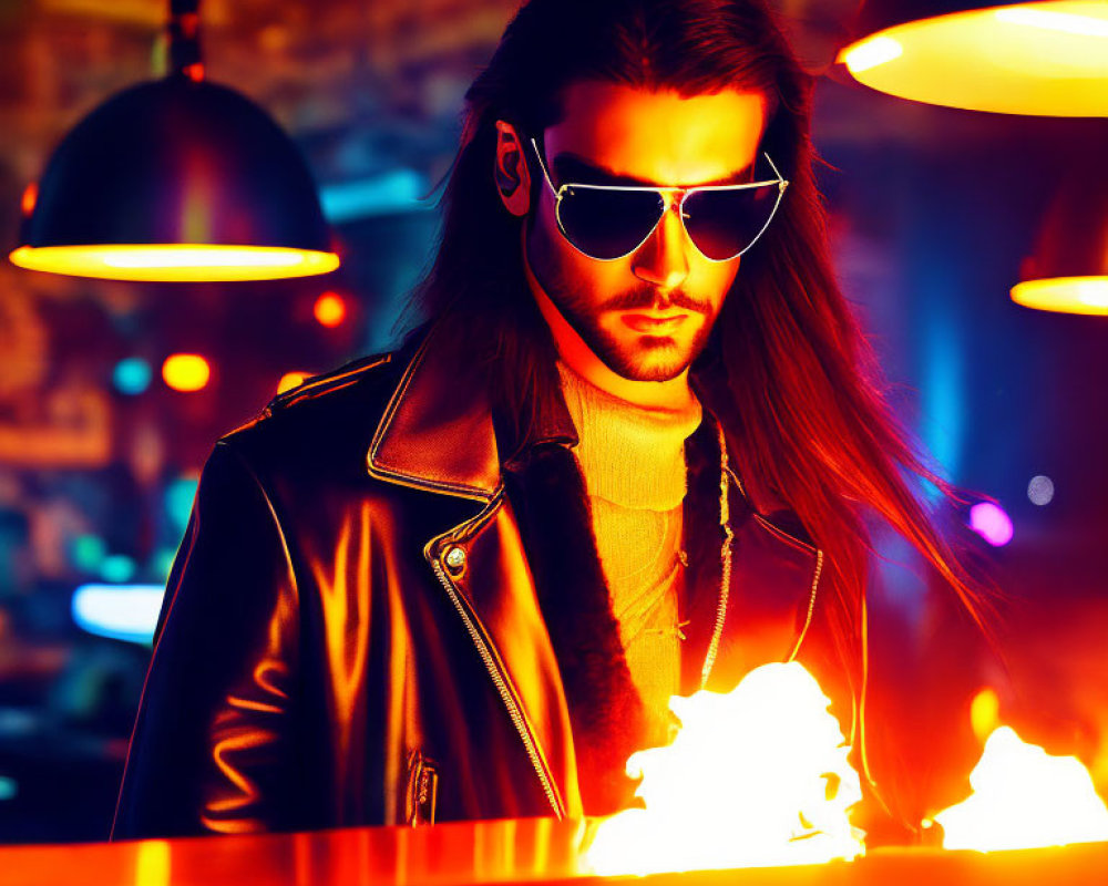 Man in sunglasses and leather jacket in neon-lit bar with flames.