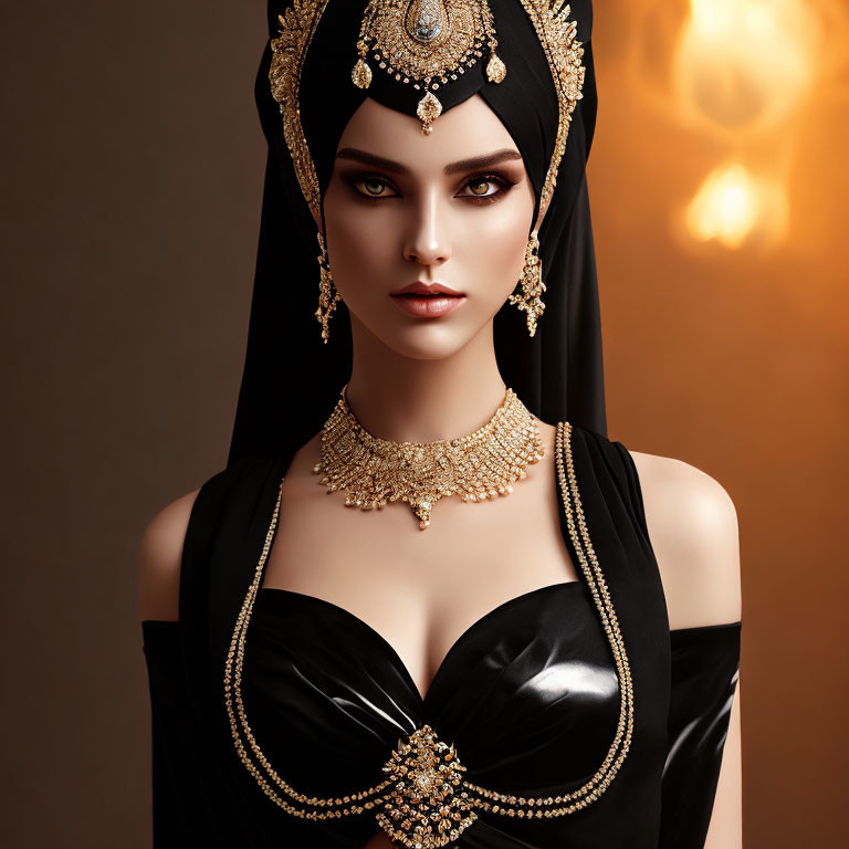 Illustrated woman in black and gold outfit with intricate jewelry on warm-toned background