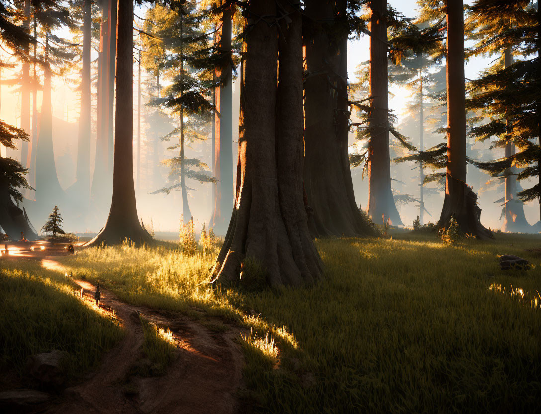 Majestic forest with tall trees, sunlight filtering through, lush grass, and winding path