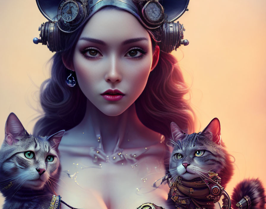 Steampunk-themed woman with goggles and two cats in steampunk collars on warm backdrop
