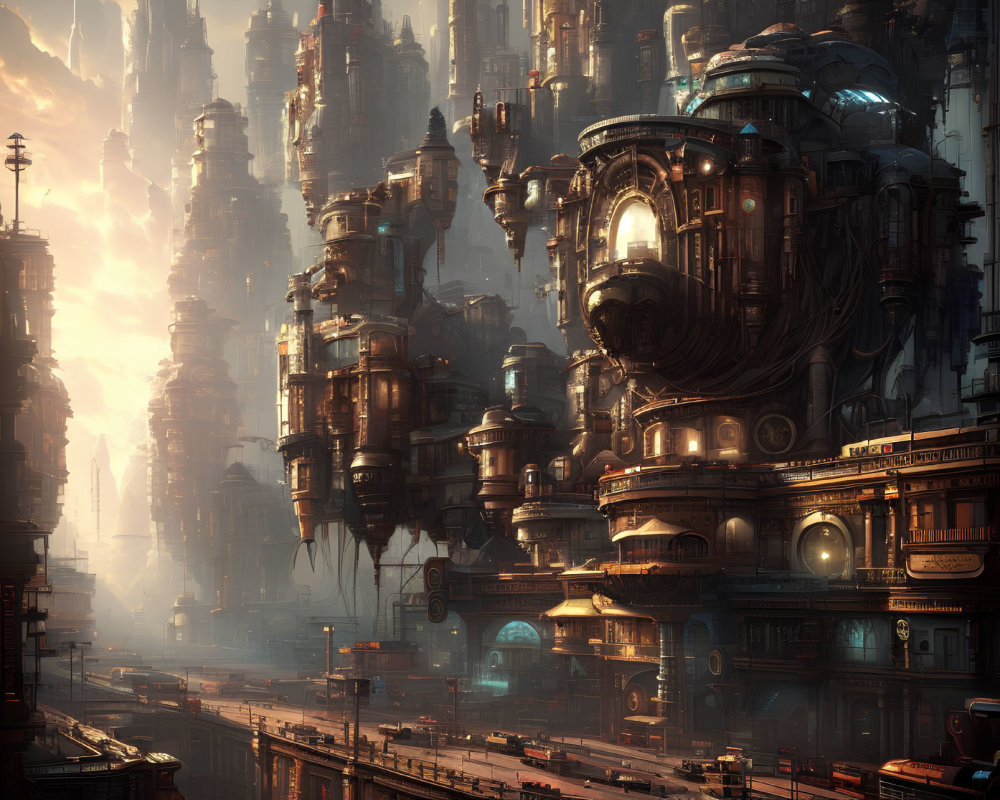 Futuristic cityscape with towering high-rise structures at sunrise or sunset