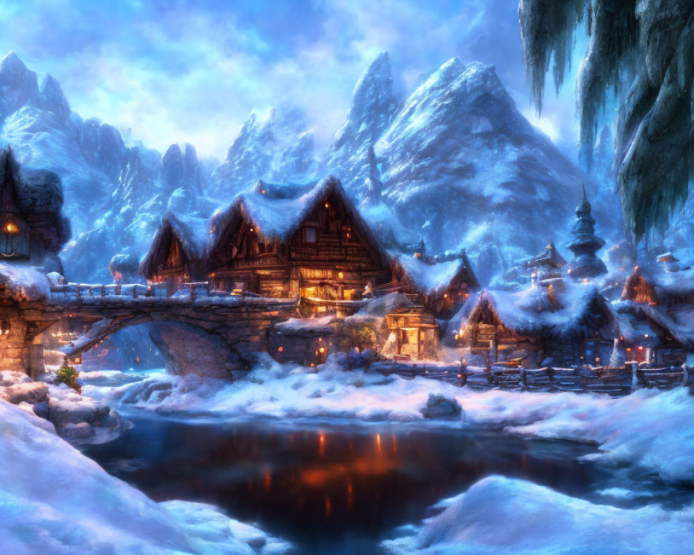 Snow-covered winter village with stone bridge and mountain backdrop at dusk