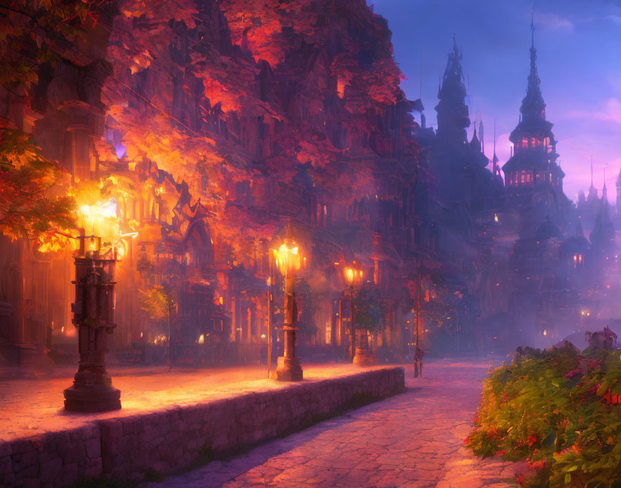 Ethereal cobblestoned street with ornate lamps and gothic buildings at dusk