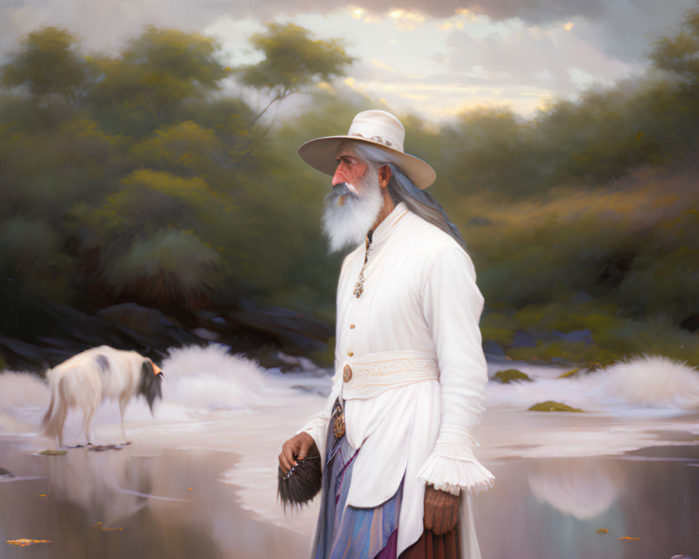 Elderly man in white outfit with dog by tranquil river