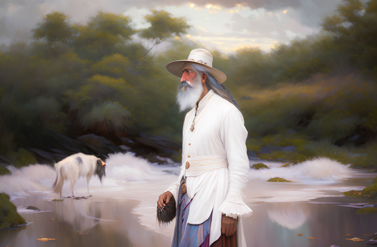 Elderly man in white outfit with dog by tranquil river