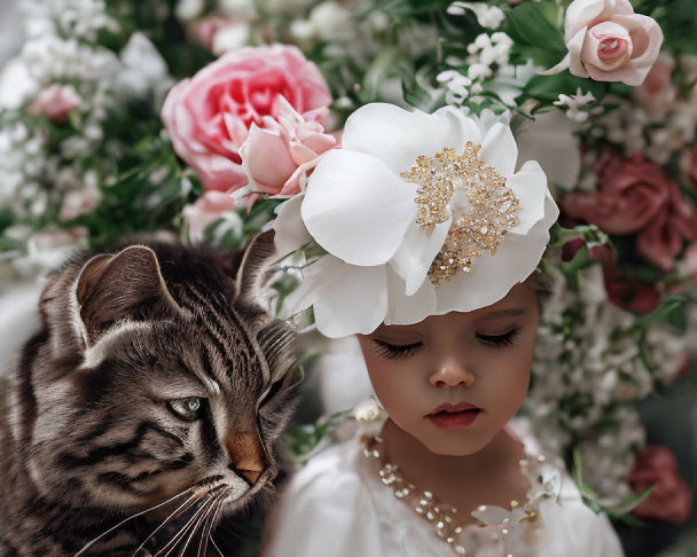 Young girl in white floral headband with striped cat among soft-hued flowers