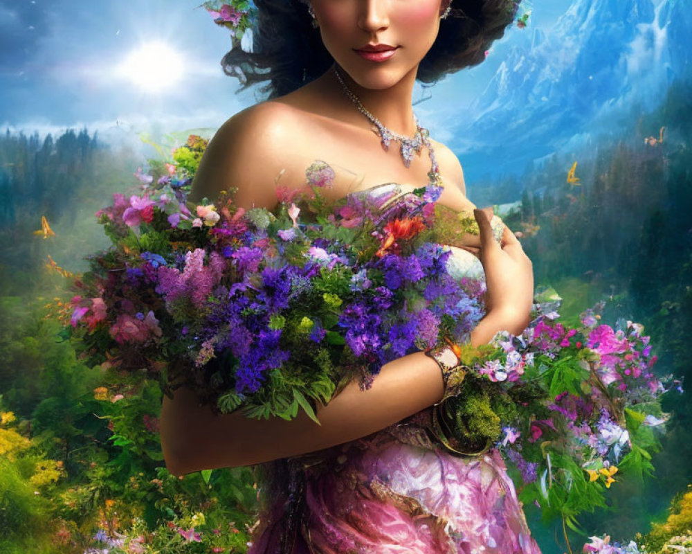 Woman with floral headpiece and bouquet in vibrant nature backdrop