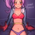 Animated character with long purple hair and green eyes in pink polka-dot bikini and grey bottoms in purple