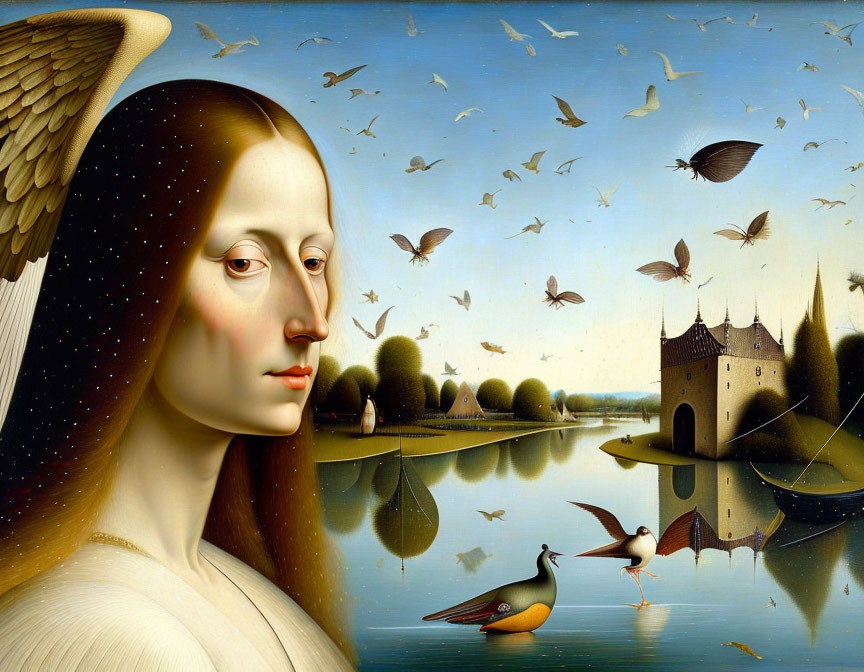 Surreal painting of angelic figure in serene landscape