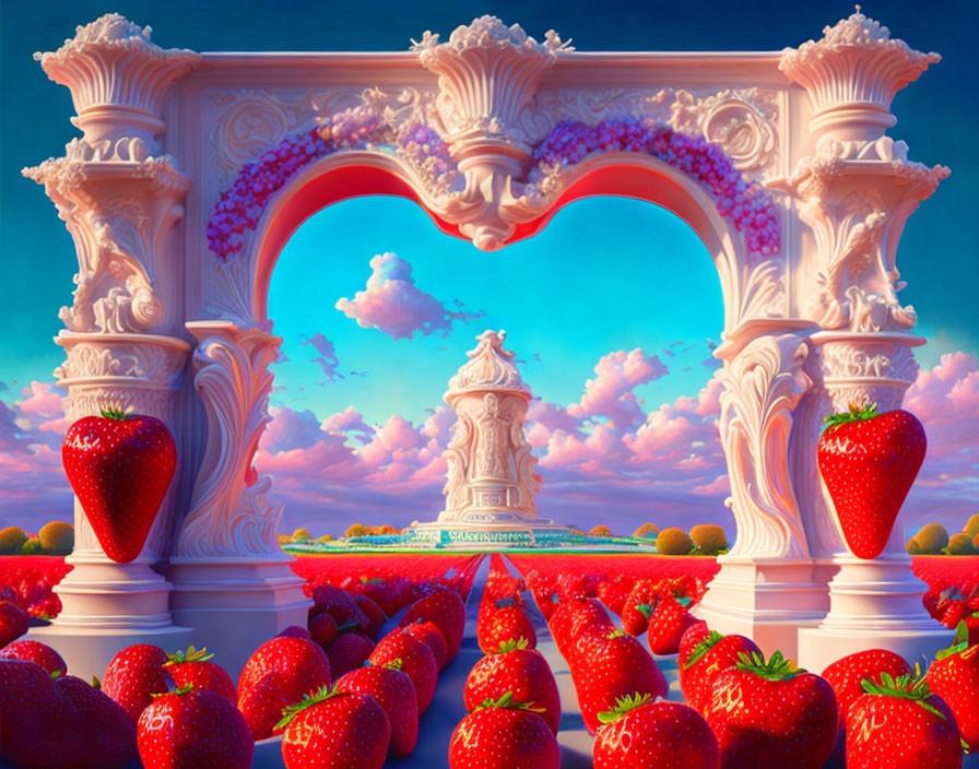Ornate arch, heart-shaped opening, strawberry fields, statue, vibrant sky