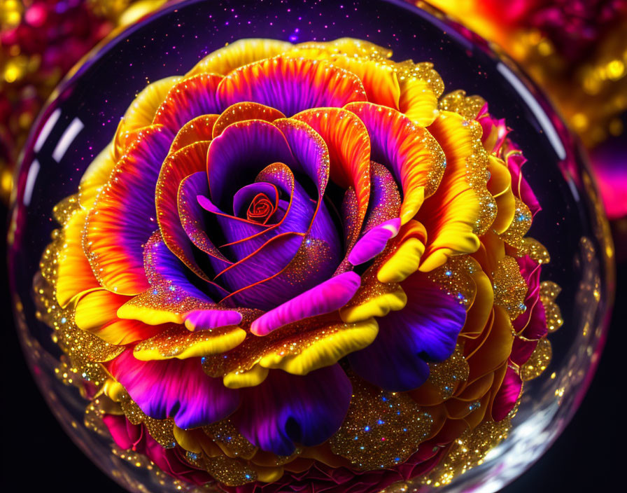 Multicolored rose in bubble with gold and red background