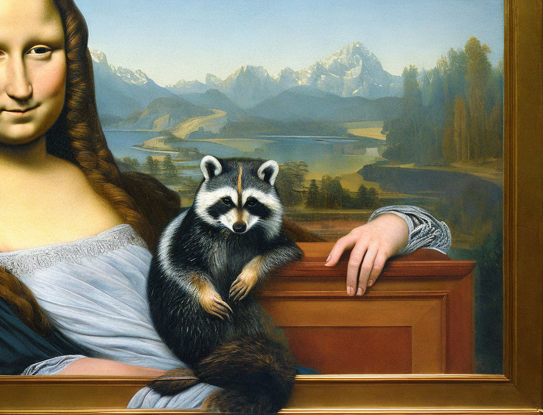 Mona Lisa blended with a raccoon in mountain setting