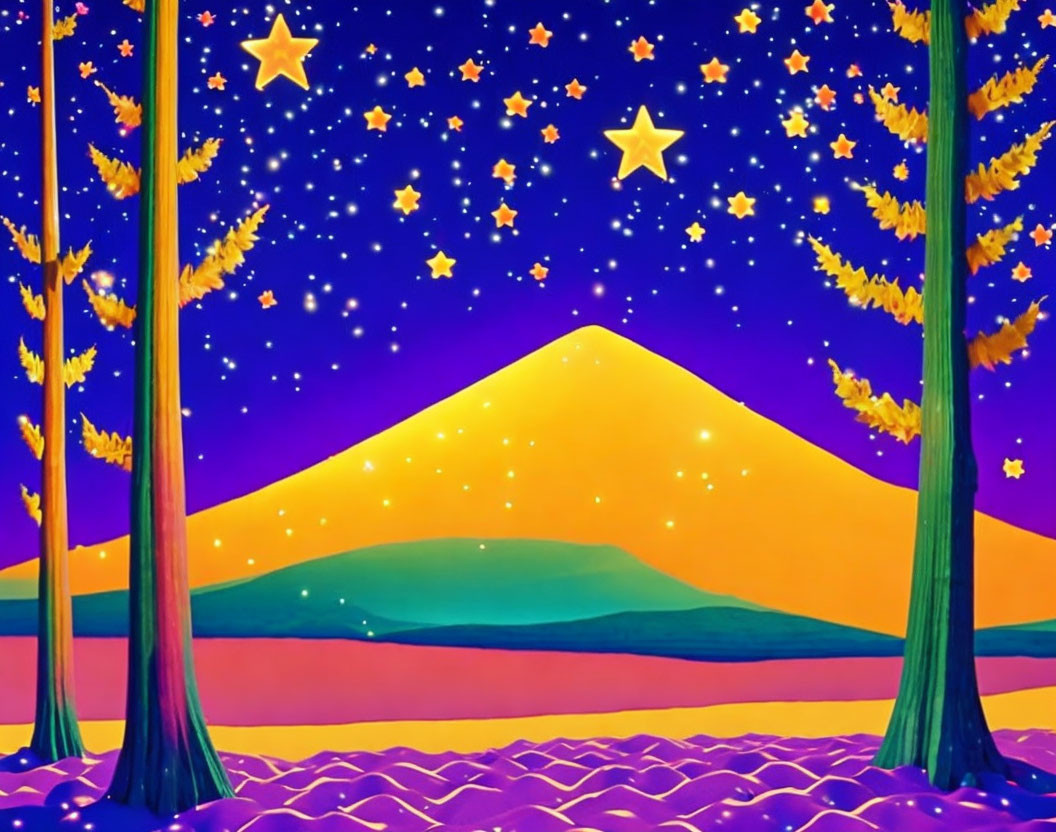 Colorful Stylized Landscape with Mountain and Starry Sky