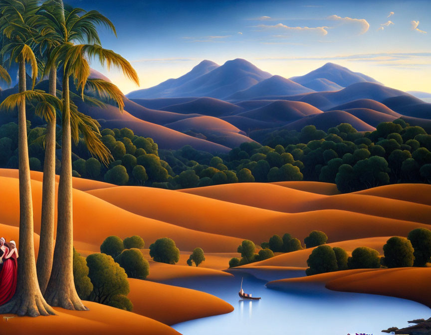 Surreal landscape with orange hills, river, mountains, palm trees, and figure in red