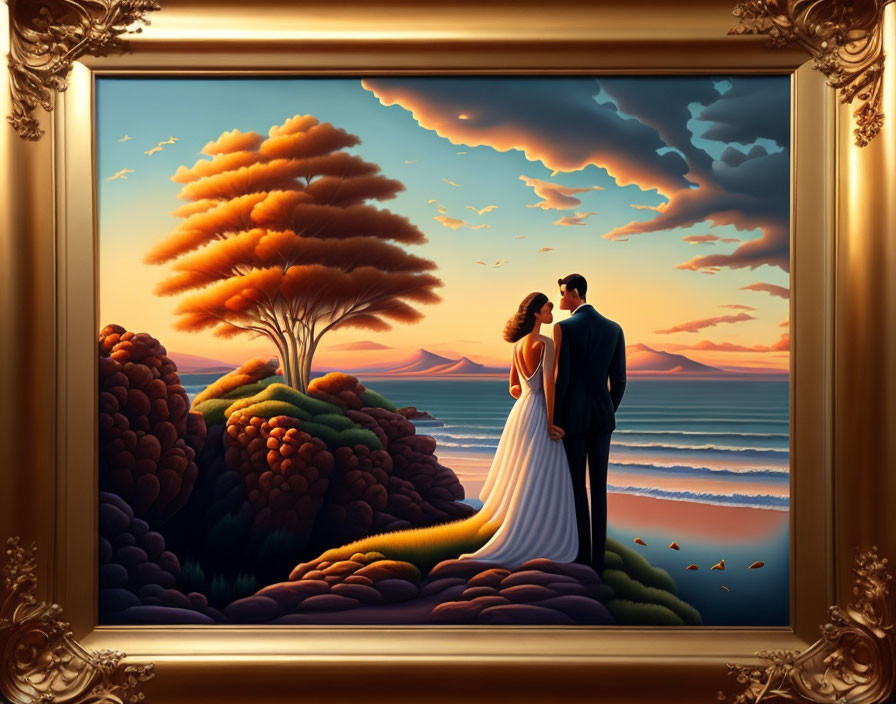 Romantic couple embracing in front of vibrant trees, serene lake, and dramatic sky in golden ornate
