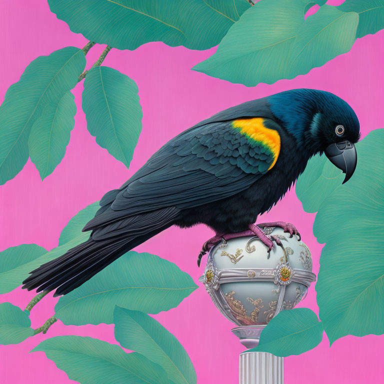 Colorful Black Bird Illustration Perched on Ornate Globe