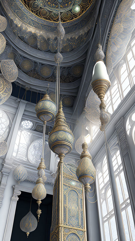 Intricate Hanging Lanterns and High Columns in Elegant Interior