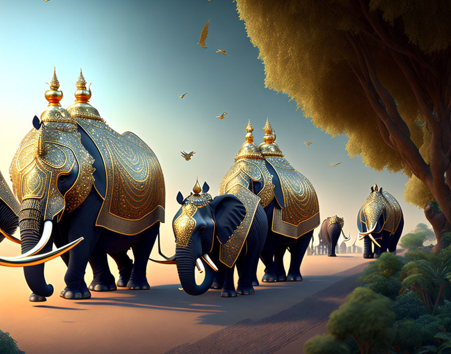 Ornately Decorated Elephants in Serene Landscape