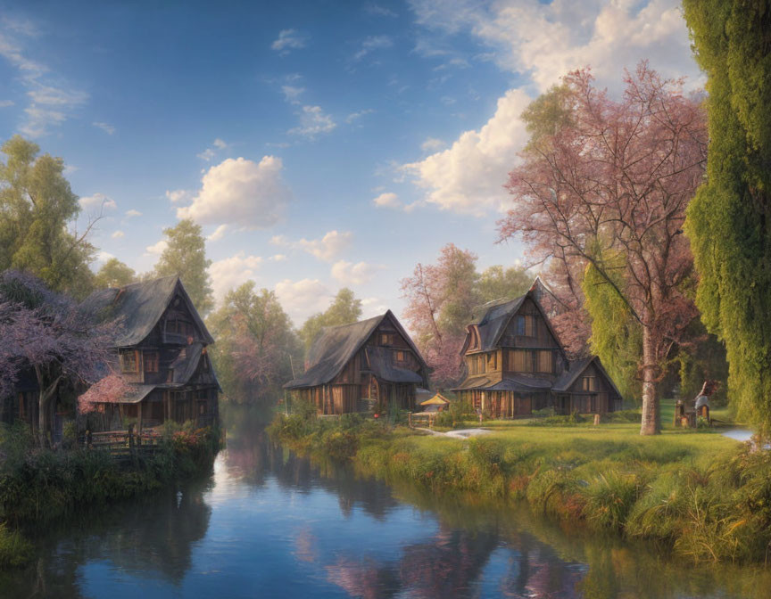 Tranquil riverside village with cherry blossoms and wooden houses