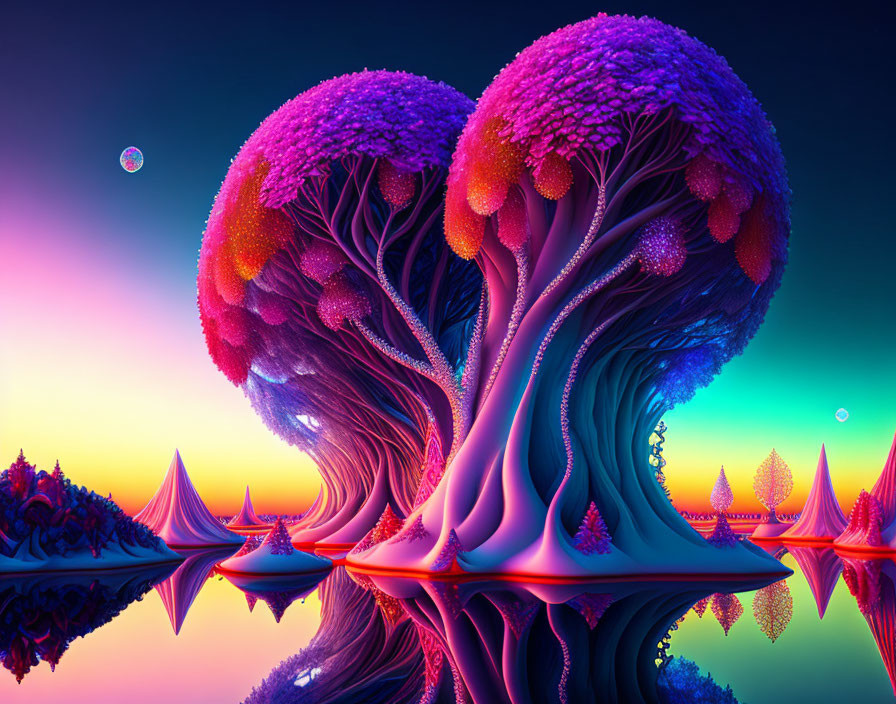 Surreal digital artwork: heart-shaped trees with purple foliage on mirrored surface