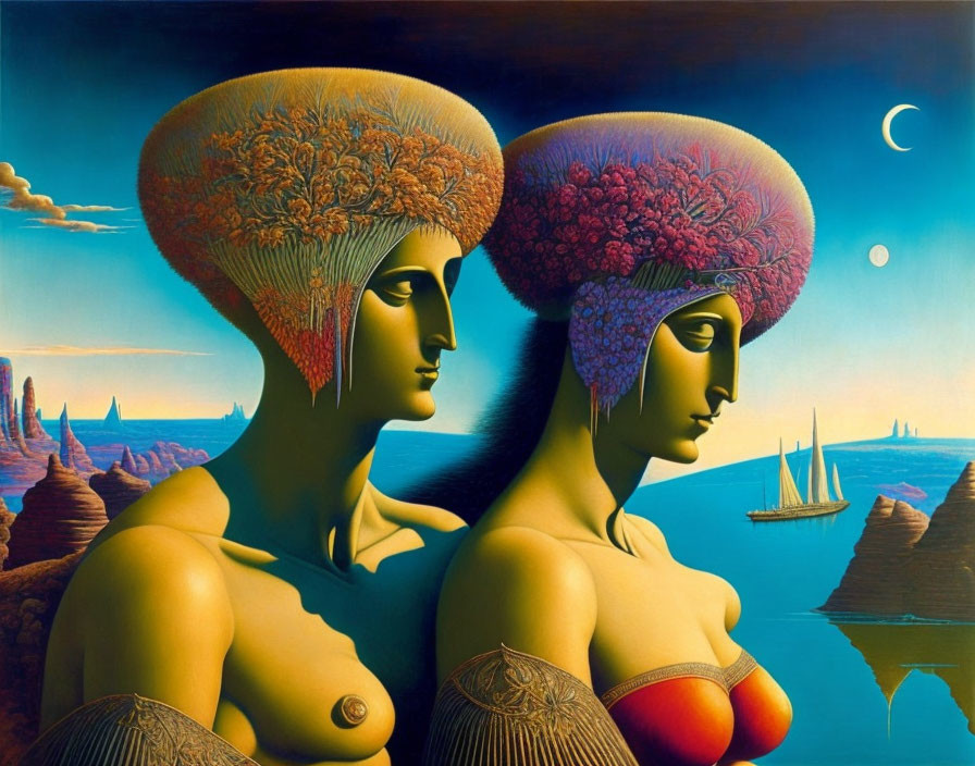 Surrealistic painting featuring two women with elongated bodies and elaborate headdresses against a seascape