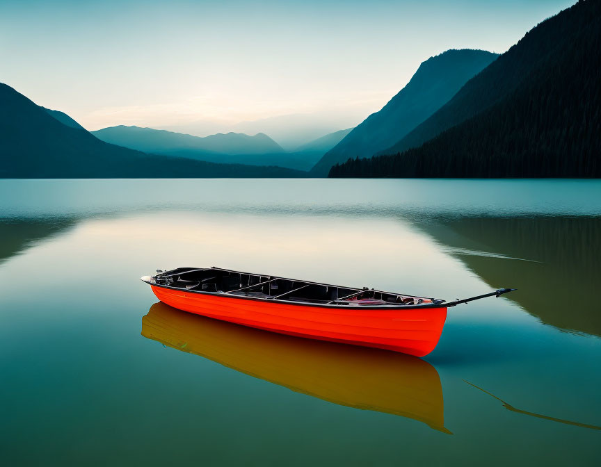 Red Canoe on Mountain Lake at Dusk: Serene Landscape with Forested Hills