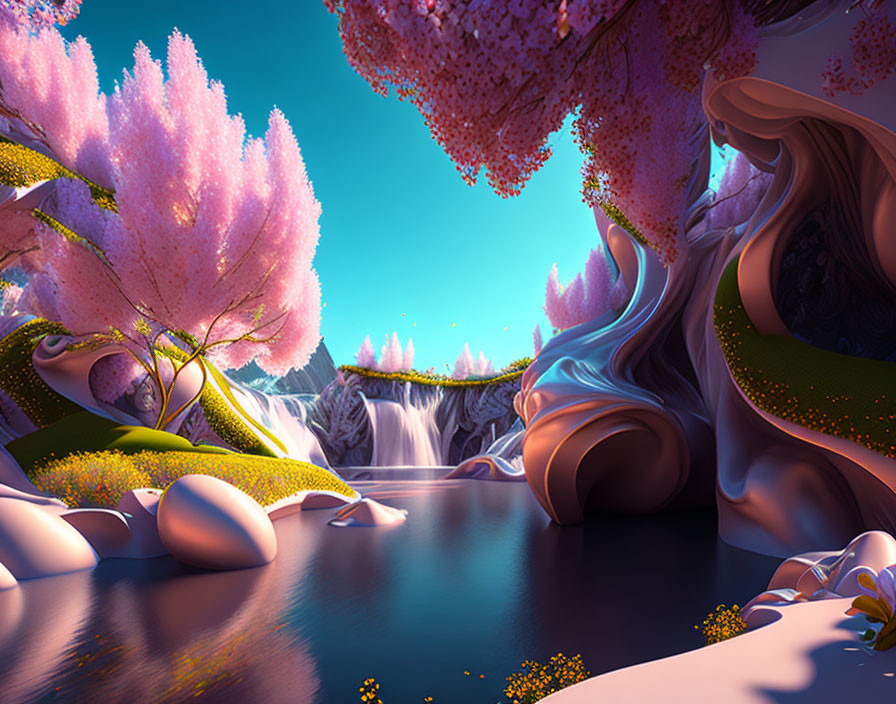 Tranquil digital art: cherry blossoms, waterfall, whimsical trees in fantasy landscape