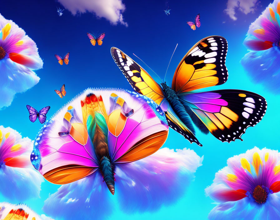 Colorful Butterflies Fluttering Above Vibrant Flowers and Blue Sky