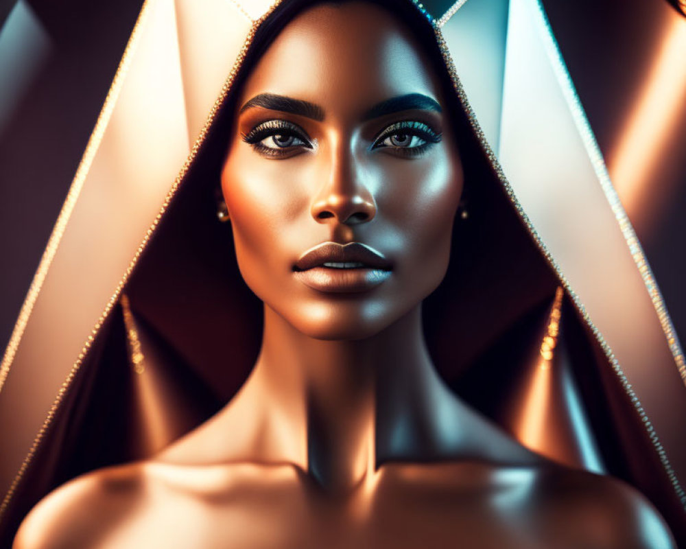Stylized portrait of a woman in golden light with geometric background
