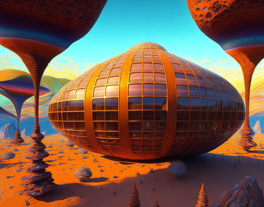 Futuristic egg-shaped building in alien desert landscape
