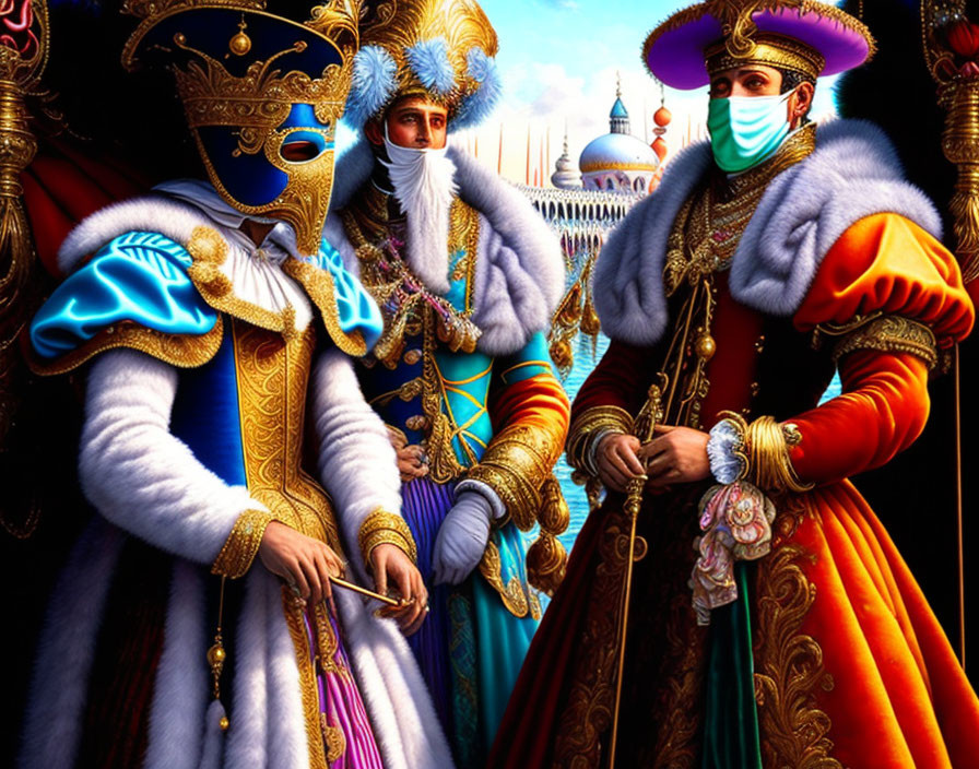 Three people in Venetian carnival costumes with masks in front of classical architecture.