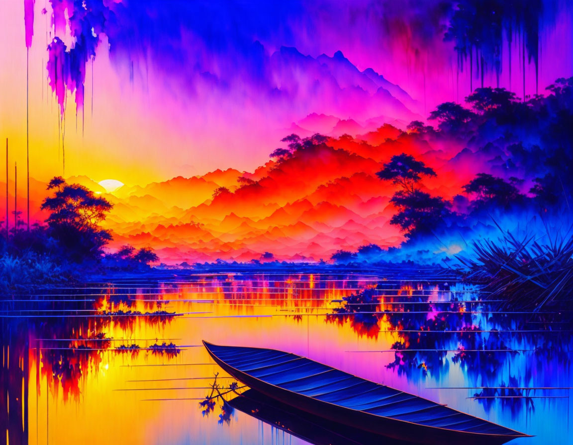 Colorful digital artwork: Serene lakescape at sunset with lone boat