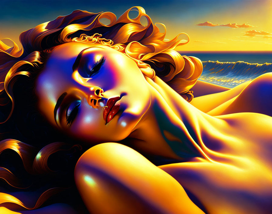 Golden-skinned woman with sunset over ocean, exuding tranquility.