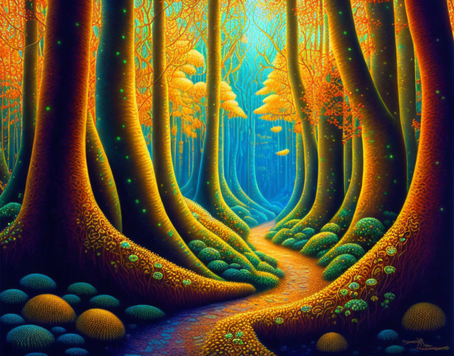 Fantastical forest pathway with oversized glowing mushrooms and intricate blue-orange trees