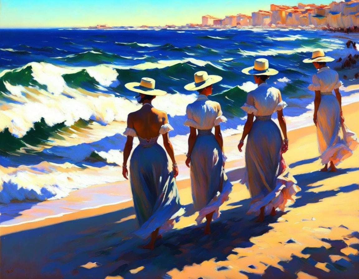 Four women in white dresses and sun hats on sandy beach with crashing waves and distant buildings.