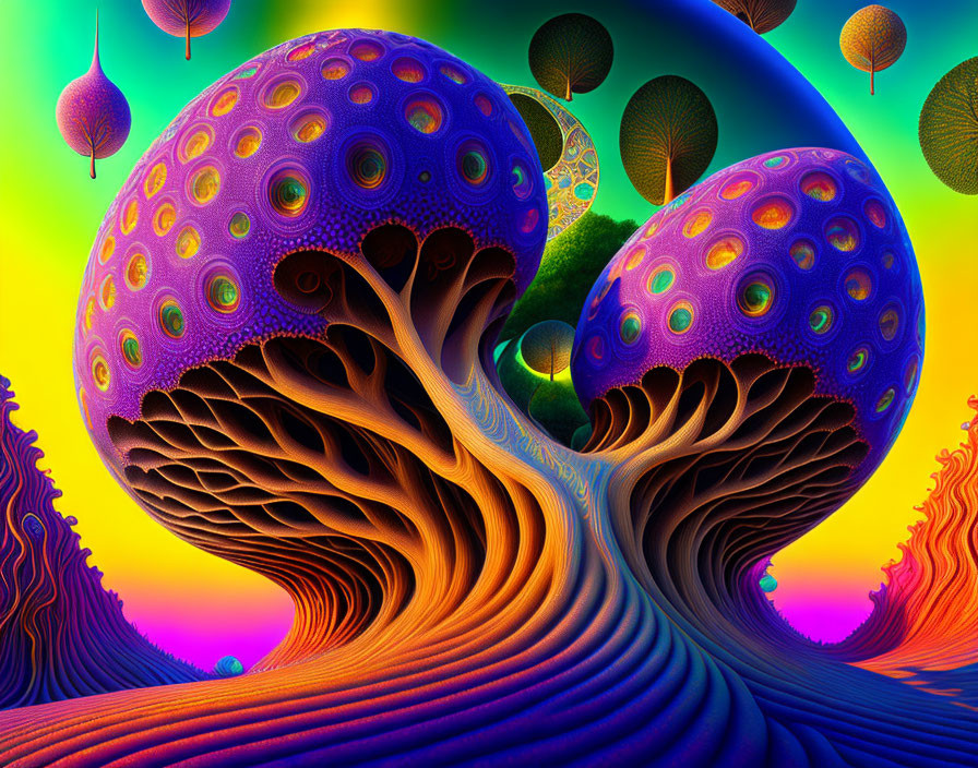 Colorful psychedelic digital artwork of tree-like structures and mushrooms on gradient background.